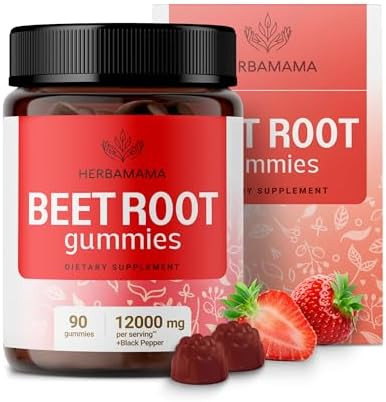 Herbamama Beet Root Gummies - 12000Mg Red Beets With Black Pepper Extract For Overall Support - Vegan Non-Gmo Antioxidant Supplement - 90 Pectin-Based Strawberry-Flavored Chews