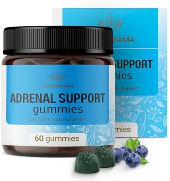 Herbamama Adrenal Support Gummies - Pure Adrenal Complex Supplement For Women With Ashwagandha Root Rhodiola Rosea & Magnesium - Vegan Non-Gmo - 60 Pectin-Based Blueberry-Flavored Chews
