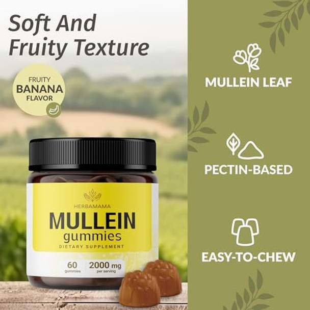 Herbamama Mullein Gummies For Lungs - 2000Mg Mullein Leaf For Lung Detox & Cleanse - Vegan Non-Gmo Respiratory Support Supplement - 60 Pectin-Based Banana-Flavored Chews Herbamama Mullein Gummies For Lungs - 2000Mg Mullein Leaf For Lung Detox & Cleanse - Vegan Non-Gmo Respiratory Support Supplement - 60 Pectin-Based Banana-Flavored Chews