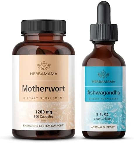 Herbamama Motherwort And Ashwagandha Kit - Bundle Of 1200 Mg Motherwort Capsules & Ashwagandha Liquid Drops - Vegan Non-Gmo Sugar & Alcohol- - 2 Pack