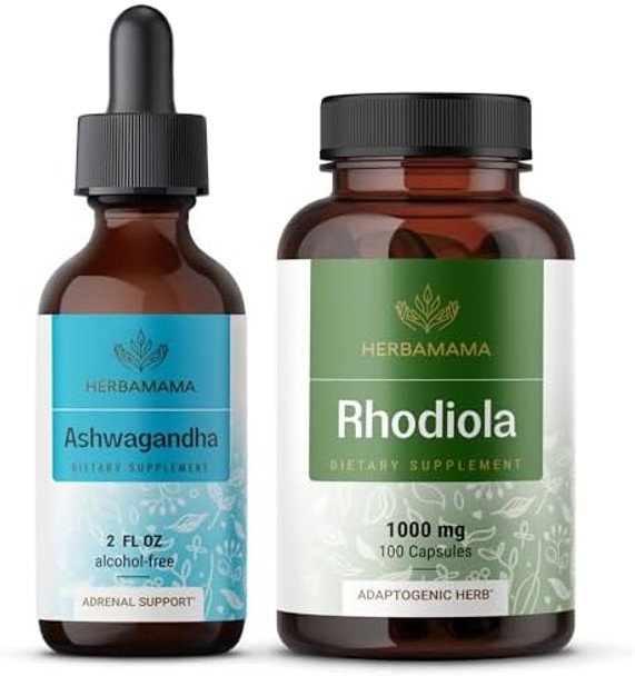 Herbamama Ashwagandha And Rhodiola Rosea Kit - Bundle Of Ashwagandha Liquid Drops 2 Fl Oz & 1000Mg Rhodiola Rosea Capsules - Vegan Non-Gmo Gelatin- - 2 Pack