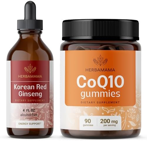 Herbamama Korean Red Ginseng And Coq10 Kit - Bundle Of Panax Ginseng Tincture 4 Fl Oz & Coenzyme Q10 Gummies - Vegan Non-Gmo Gelatin & Alcohol- - 2 Pack