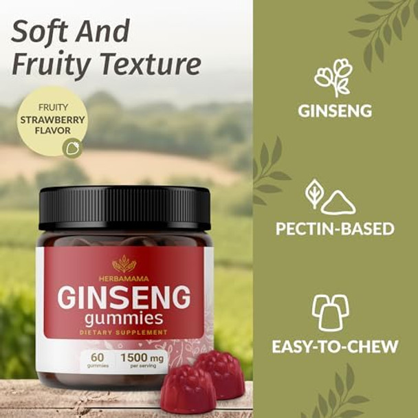 Herbamama Panax Ginseng Gummies - 1500Mg Korean Red Ginseng Root For Energy Support - Vegan Non-Gmo Red Panax Immune Support Supplement - 60 Pectin-Based Strawberry-Flavored Chews Herbamama Panax Ginseng Gummies - 1500Mg Korean Red Ginseng Root For Energy Support - Vegan Non-Gmo Red Panax Immune Support Supplement - 60 Pectin-Based Strawberry-Flavored Chews