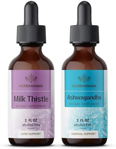 Herbamama Herbal Liquid Drops Kit - Bundle Of Milk Thistle Extract & Ashwagandha Root Tincture 2 Fl Oz - Vegan Non-Gmo Sugar & Alcohol- - 2 Pack