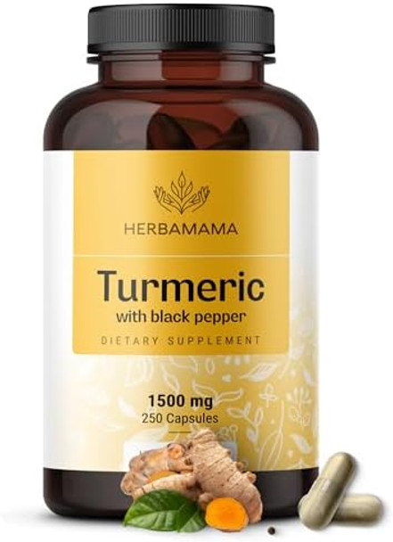 Herbamama Curcumin Turmeric Capsules - 1500Mg Curcuma Longa And Black Pepper Extract For Uric Acid & Digestive Support - Vegan Non-Gmo Turmeric Antioxidant Supplement 250 Caps