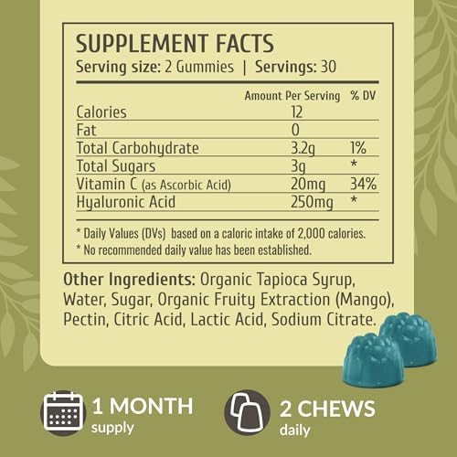 Herbamama Hyaluronic Acid Gummies - 250Mg Pure Hyaluronic Acid For Hair Skin & Nails Support - Vegan Non-Gmo Skin Elasticity Supplement - 60 Pectin-Based Mango-Flavored Chews