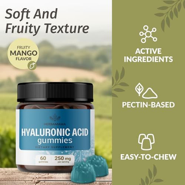 Herbamama Hyaluronic Acid Gummies - 250Mg Pure Hyaluronic Acid For Hair Skin & Nails Support - Vegan Non-Gmo Skin Elasticity Supplement - 60 Pectin-Based Mango-Flavored Chews