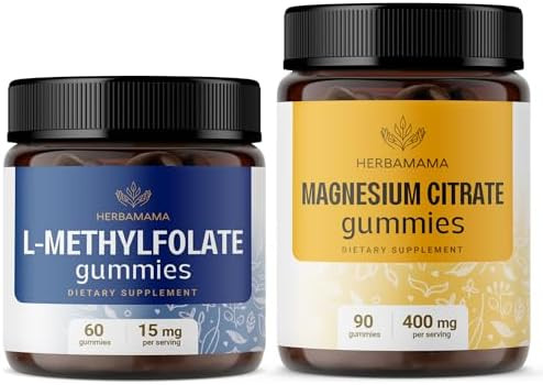 Herbamama L-Methylfolate And Magnesium Kit - Bundle Of 15 Mg L-Methylfolate & 400 Mg Magnesium Citrate Gummies - Vegan Non-Gmo Gelatin- - 2 Pack