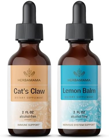 Herbamama Liquid Drops Kit - Bundle Of Cat'S Claw Extract 2 Fl Oz And Lemon Balm Tincture 2 Fl Oz - Vegan Herbal Supplement Liquid Extract - Non Gmo Sugar & Alcohol- - 2 Pack