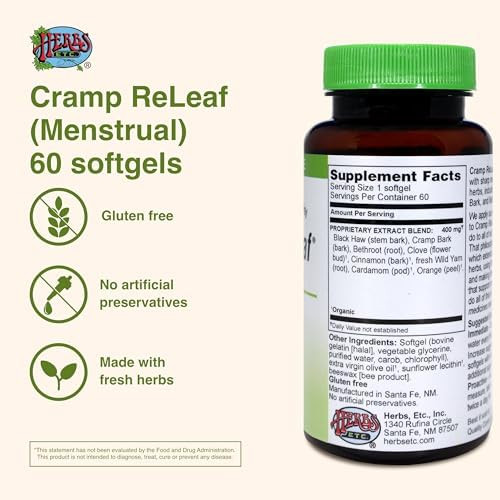 Herbs Etc. Cramp Releaf (Menstrual) - Abdominal Muscle Support - Herbal Supplement To Aid Menstrual Health - Period Cramp Support With Black Haw Cramp Bark And Bethroot - 60 Softgels (60 Servings)
