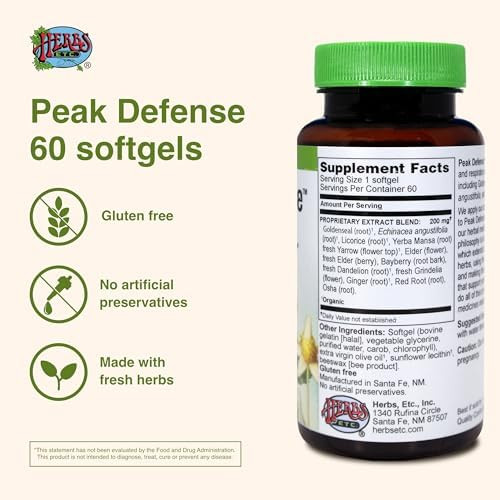 Herbs Etc. Peak Defense - Support A Healthy Respiratory System - Herbal Supplement To Support Immune Health - Vitality Support Supplement For Adults - Gluten- - 60 Softgels (60 Servings)