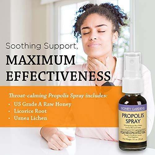 Honey Gardens Bee Propolis Throat Spray  With Apitherapy Raw Honey Licorice Root And Usnea  50 Servings  1 Fl. Oz.