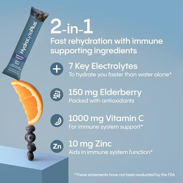 Hydralyte Electrolytes Plus Immunity Elderberry - Low Sugar Rapid Rehydration Powder - Lightly Sparkling Electrolyte Powder Packets With 1000Mg Vitamin C And 300 Mg Elderberry (8Oz Serve 20 Count)