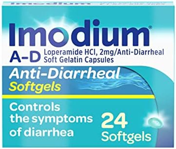 Imodium A-D Anti-Diarrheal Medicine Softgels With 2 Mg Loperamide Hydrochloride Per Capsule Diarrhea Relief To Help Control Symptoms Due To Acute Active & Traveler'S Diarrhea 24 Ct.