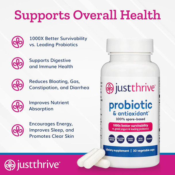 Just Thrive Probiotic & Antioxidant Supplement - 100% Spore-Based Digestive And Immune Support - Gluten  90 Caps