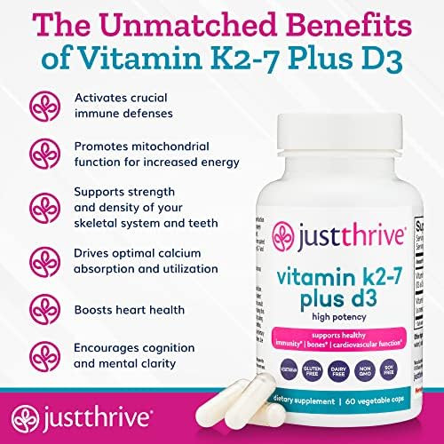 Just Thrive Vitamin K2-7 Plus D3 - Immune Heart And Bone Health Supplement 60 Vegetable Capsules