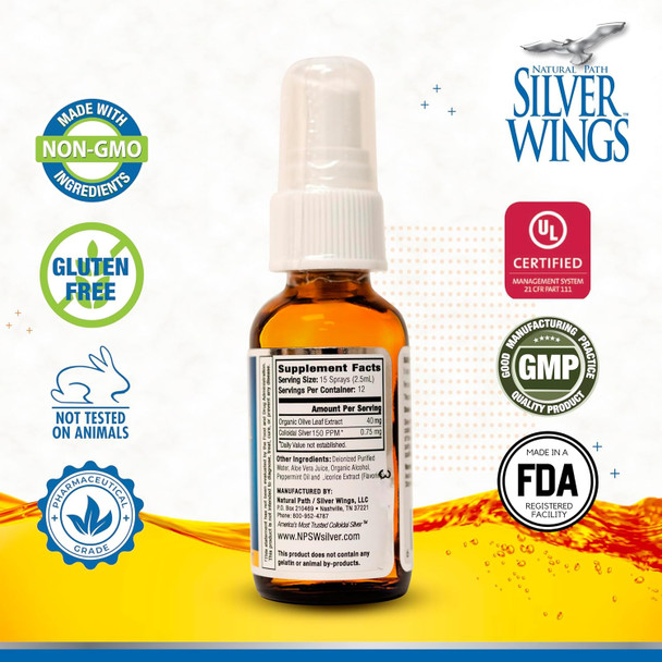 Natural Path Silver Wings Colloidal Silver 150Ppm (750Mcg) W/Olive Leaf - Immune Support Supplement - 1Oz Spray