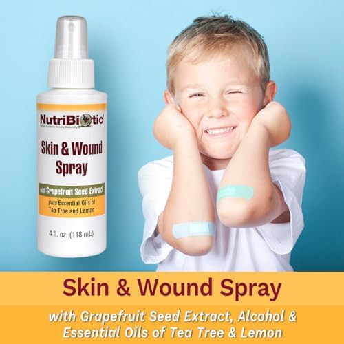 Nutribiotic Skin & Wound Spray With Gse 4 Fl Oz  Grapefruit Seed Extract Plus Tea Tree & Lemon Essential Oils  Helps Support Healthy Skin Tissue & Flush Irritants From Minor Wounds  Non-Medicated