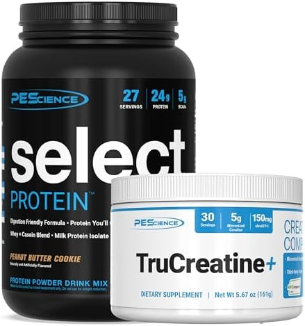 Pescience Lean Mass Stack – Select Low Carb Whey + Casein Protein Powder & Trucreatine+ Creapure Creatine Monohydrate – Muscle Growth Recovery & Strength– Pb Cookie 27 Servings + 30 Serving