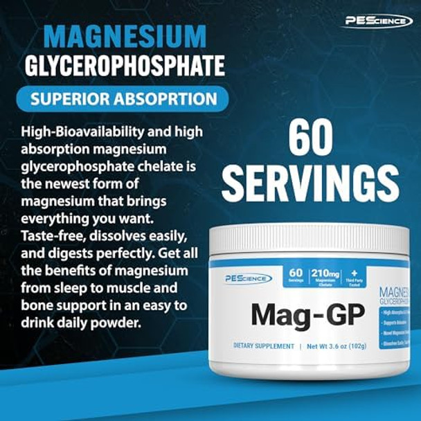 Pescience Mag-Gp Magnesium Glycerophosphate Chelate Powder 60 Servings High Absorption Improved Sleep Calming Stress Relief & Cramp Support For Men & Women