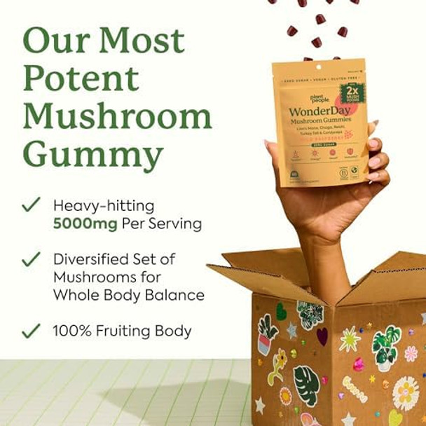 Plant People Wonderday Extra Strength Mushroom Gummies – Sugar  Lion’S Mane Cordyceps Reishi & Chaga Supplement For Adults – Mood Boost Energy Focus Immune Support & Gut Health – Vegan Non-Gmo (60 Count)