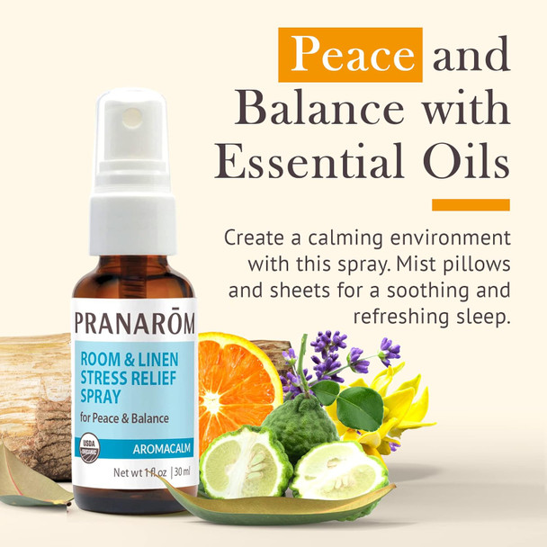 Pranarom - Aromacalm Room & Linen Stress Relief Spray (1Oz / 30Ml) - Orange Bergamot Lavender Ylang Ylang - Essential Oil For Relaxation And Air PurificationUsda And Ecocert  Organic