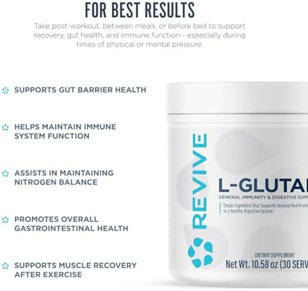 Revive Gut L-Glutamine Powder Md - Muscle Recovery & Immune System Booster For Adults - Promotes Digestive Health & Reduces Muscle Soreness - Immunity & Digestion Vegan Pure L Glutamine Supplement