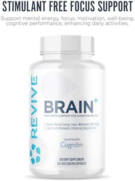 Revive Md Brain Supplements For Memory & Focus Brain Plus - Stimulant  Nootropic Supplement For Cognitive Health With Niacin Vitamin B6 & B12 Acetyl-L-Carnitine Hcl & Alpha-Gpc- 150 Capsules