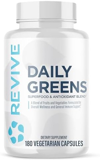 Revive Md Daily Greens Supplement For Men & Women - Superfood & Antioxidant Blend With Digestive Enzymes Prebiotics & Probiotics For Immune Support Digestive & Gut Health - 180 Capsules