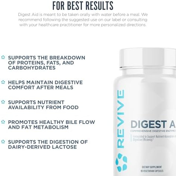 Revive Md Digest Aid Digestive Support Supplement For Men & Women - Comprehensive Digestive Enzyme Blend With Probiotics & Prebiotics For Gut Health & Healthy Digestion - 90 Capsules