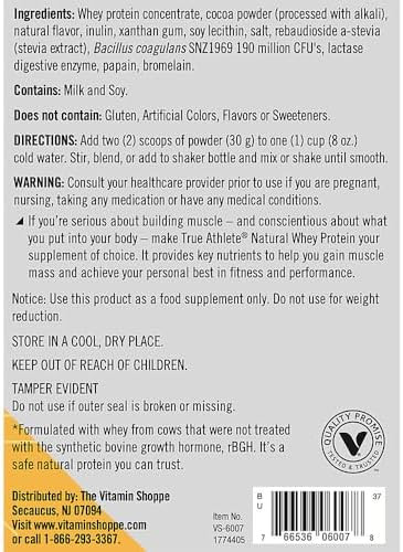 True Athlete Natural Whey Protein - Chocolate 20G Of Protein Per Serving - Probiotics For Digestive Health Hormone  (2.5 Pound Powder)