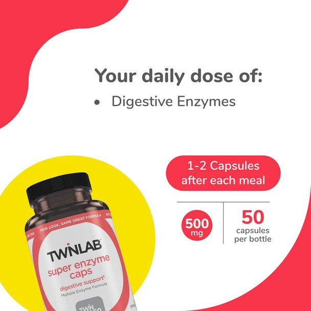 Twinlab Super Enzyme Caps - Constipation Supplement With Digestive Enzymes - 50 Capsules