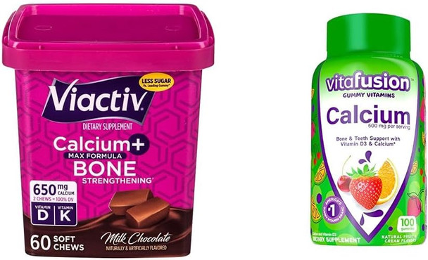 Viactiv Calcium Chews 60 Count & Vitafusion Calcium Gummy Vitamins 100 Count - Calcium Supplements For Bone & Teeth Support