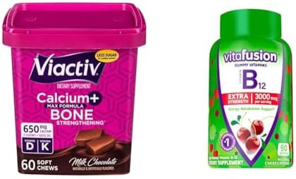 Viactiv Calcium +Vitamin D3 Supplement Soft Chews Milk Chocolate 60 Chews & Vitafusion Extra Strength Vitamin B12 Gummy Vitamins For Energy Metabolism Support