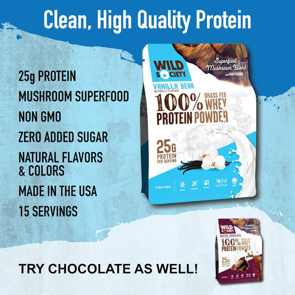 Wild Society - Premium 100% Grass Fed Whey Protein Powder + Superfood Mushrooms & Adaptogens - 25G Protein Clean Protein Powder 0 Added Sugar Non Gmo Gluten  - Vanilla Bean 17.5 Oz