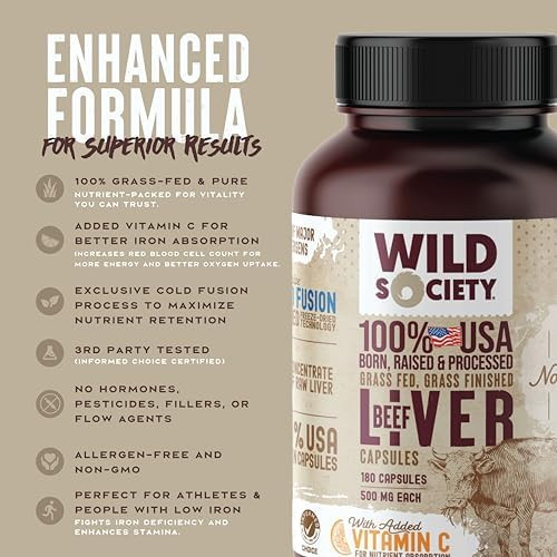 Wild Society - Usa Grass Fed Beef Liver Capsules - 3000Mg Max Strength For Energy Stamina Natural Detox Hair & Nail - Non Gmo Allergen  Beef Liver Supplement - 180 Desiccated Capsules