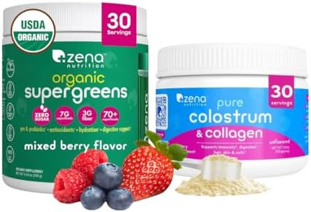 Zena Nutrition Organic Supergreens Greens Powder 70+ Superfoods Mixed Berry 30 Servings + Bovine Colostrum & Collagen Powder Supplement Supports Immunity Digestion Hair Beauty