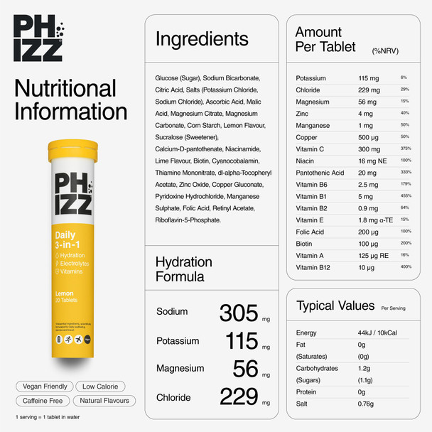 Phizz Electrolytes Multivitamin & Hydration Tablets - 20 Effervescent Rehydration Electrolyte Tablets - 18 Vitamins & Minerals Vitamin C Vegan Vegetarian & Low Calorie (Lemon)