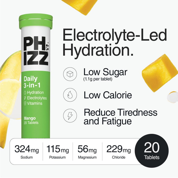 Phizz Electrolytes Multivitamin & Hydration Tablets - 20 Effervescent Rehydration Tablets - 18 Vitamins & Minerals Vitamin C Vegan Vegetarian & Low Calorie (Mango)