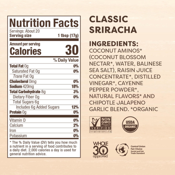 Big Tree Farms Organic Coco Aminos - Liquid Coconut Aminos Soy-Free Sauce Low Sodium Soy Alternative Gluten Free Kosher Marinade & Sauce Non-GMO - Classic Sriracha 10 Fl Oz Pack of 1