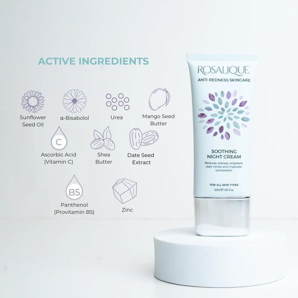 Rosalique Soothing Night Cream 50ml: Ultimate Calm for Sensitive Skin - Clinically Proven IBR-CalmDeAge® α-Bisabolol Provitamin B5 & Natural Moisturisers.