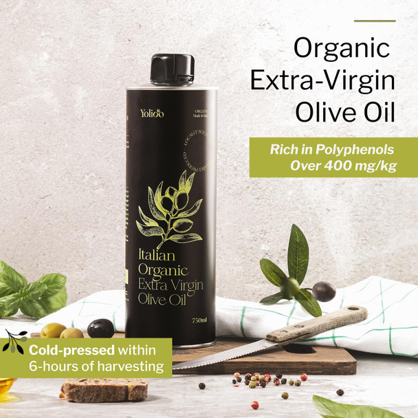 Yolioo 100% Italian Organic Olive Oil Extra Virgin | High Polyphenols Cold Pressed & Early Harvest from Tuscany | Extra Virgin Olive Oil 0.75l