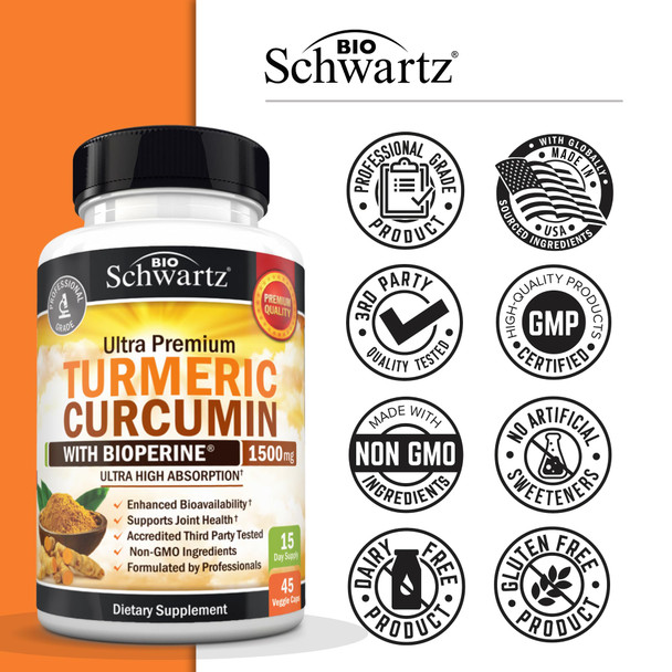 BioSchwartz Turmeric Curcumin with Black Pepper Extract 1500mg - High Absorption Ultra Potent Turmeric Supplement with 95% Curcuminoids and BioPerine - Non GMO Tumeric Capsules for Joint Support - 45 Capsules
