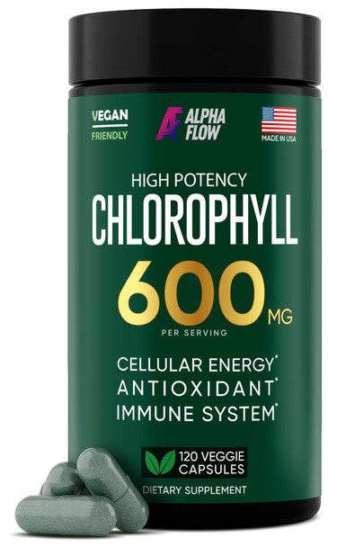 Alpha Flow Chlorophyll Capsules 600 mg - Natural Chlorophyll Pills for Women & Men - Highly BioAvailable Chlorophyll Supplement for Energy Immunity Skin + Internal Deodorant