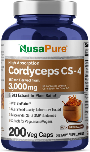 NusaPure Cordyceps 20:1 Extract 150 mg Equivalent to 3,000mg 200 Veggie Capsules (Sinensis CS-4 Non-GMO Vegan) Bioperine