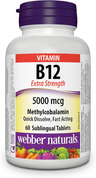 Webber Naturals Vitamin B12 5000 mcg Extra Strength Quick Dissolve 60 Tablets Supports Energy Production and Metabolism
