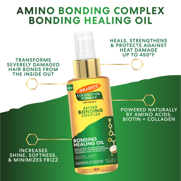 Palmer's Amino Bonding Complex Hair Oil Healing Treatment with Coconut Oil & Vitamin E Heat Protectant Anti Frizz Adds Shine Strengthens & Protects Hair Growth All Hair Types 118ml