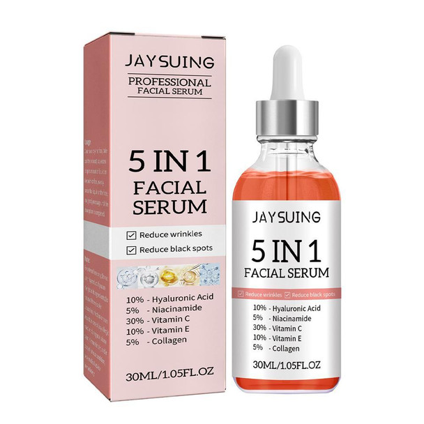 jaysuing 5 In 1 Fade fine lines Firming Face Serum Moisturizing brightning Vitamin C Hyaluronic Acid Facial Serum Shrink Pores Skin Care  serum 30ml