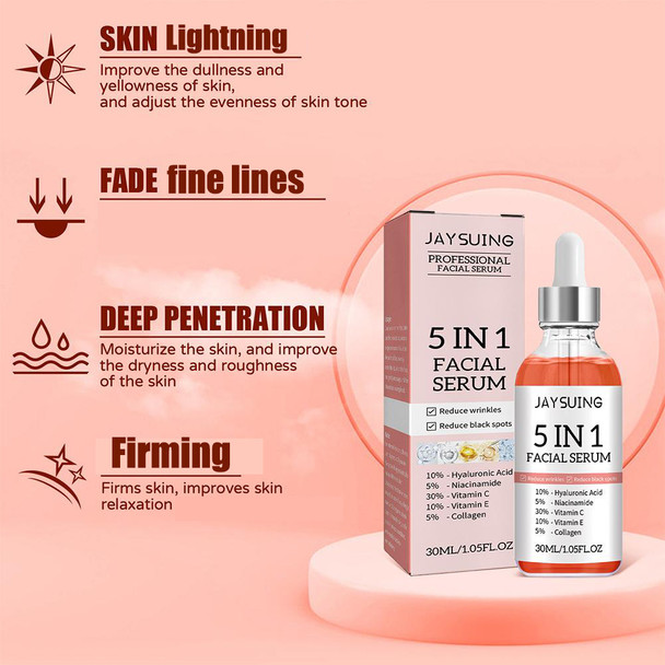 jaysuing 5 In 1 Fade fine lines Firming Face Serum Moisturizing brightning Vitamin C Hyaluronic Acid Facial Serum Shrink Pores Skin Care  serum 30ml