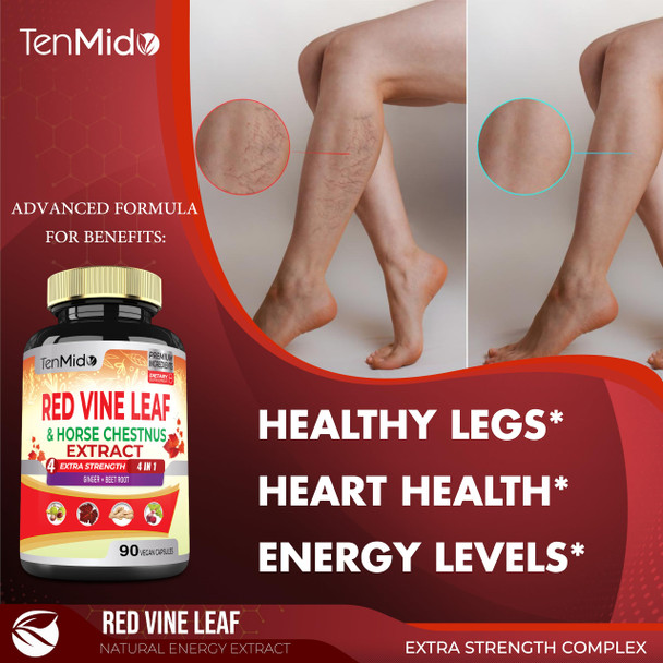 Tenmido Red Vine Leaf Extract Capsules  with Horse Chestnut Beet Root Ginger  Herbal Supplement for Heart Leg Vein and  Energy  90 Vegan Capsules for 45 Days